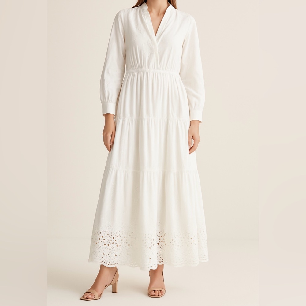 Cotton Broderie Anglaise Eyelet Lace Elegant White Floor Length Dress Small